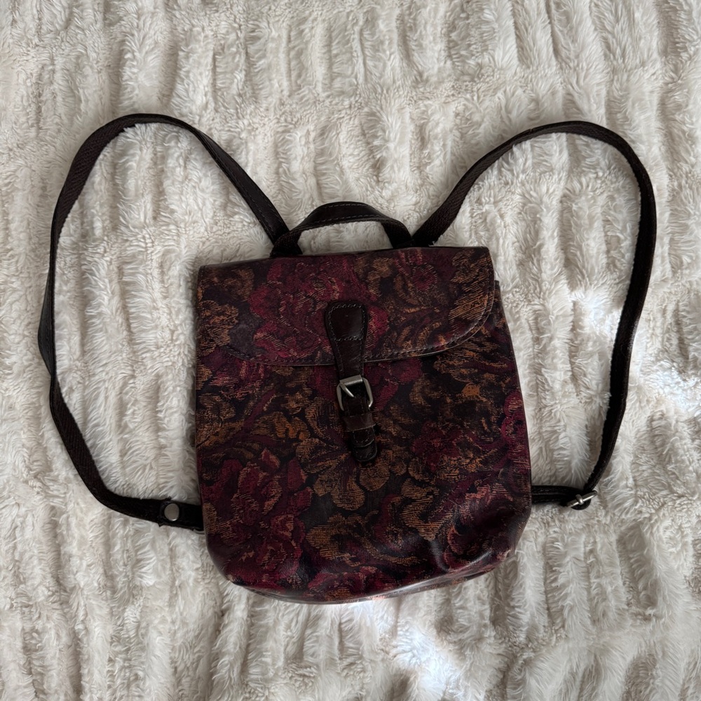 Patricia Nash Burgundy and Brown Floral Leather Backpack